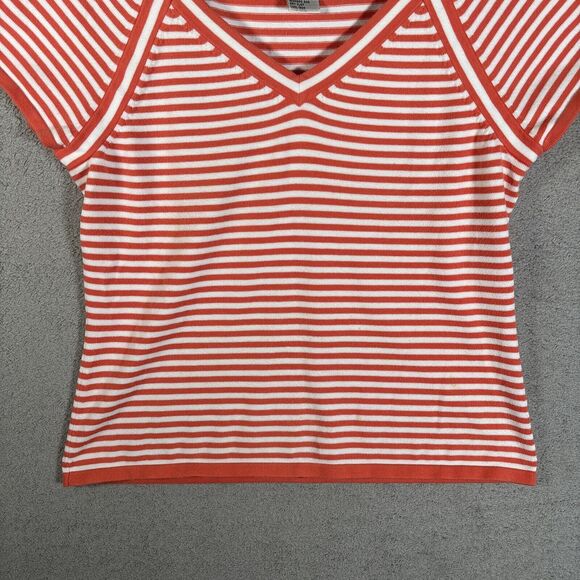 Vintage Talbots Knit Top Women Size M Orange & White Stripe V Neck Short Sleeve - Picture 4 of 8